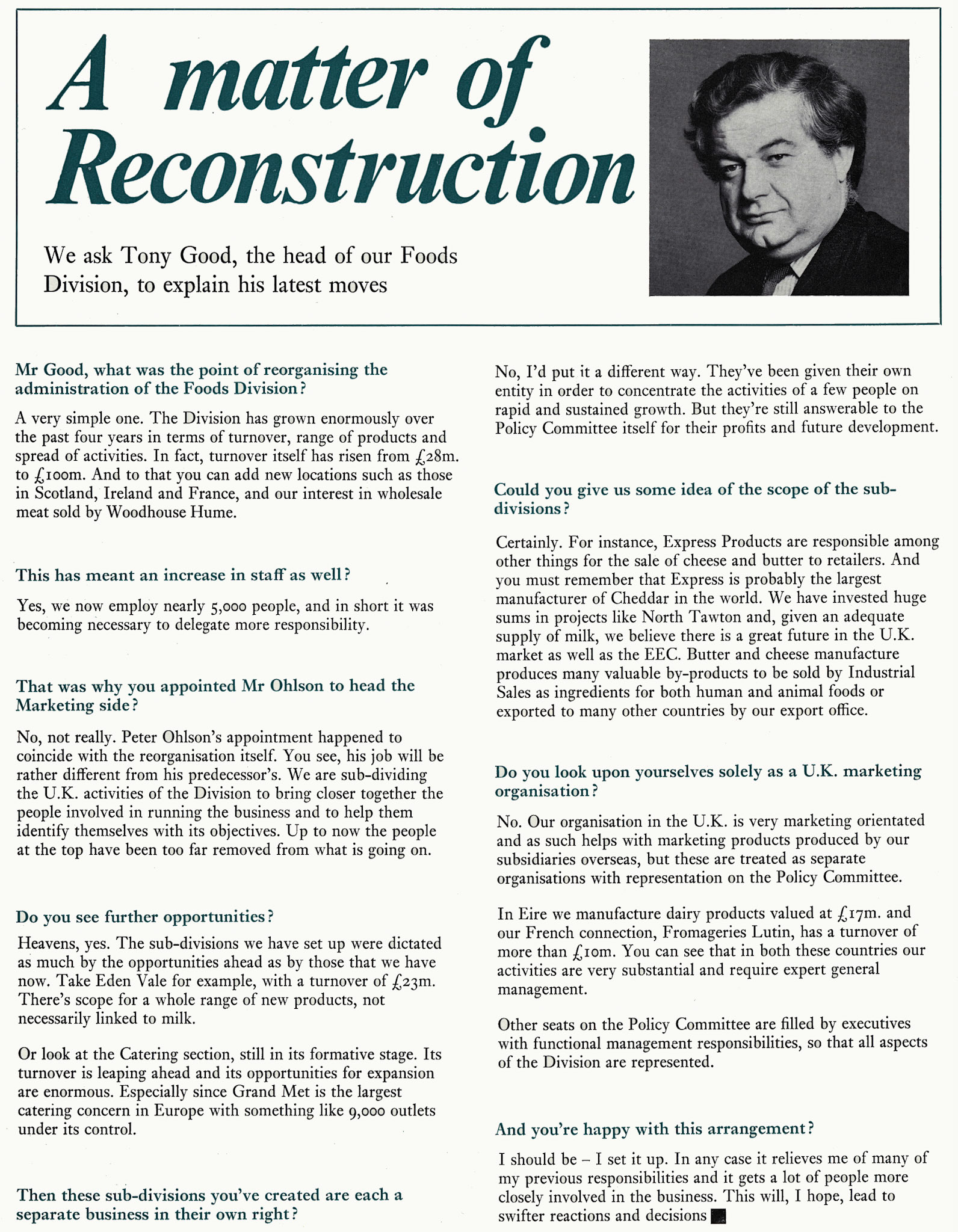 1974 Tony Good announces Foods Division reorganisation (Courtesy Doreen Williams)