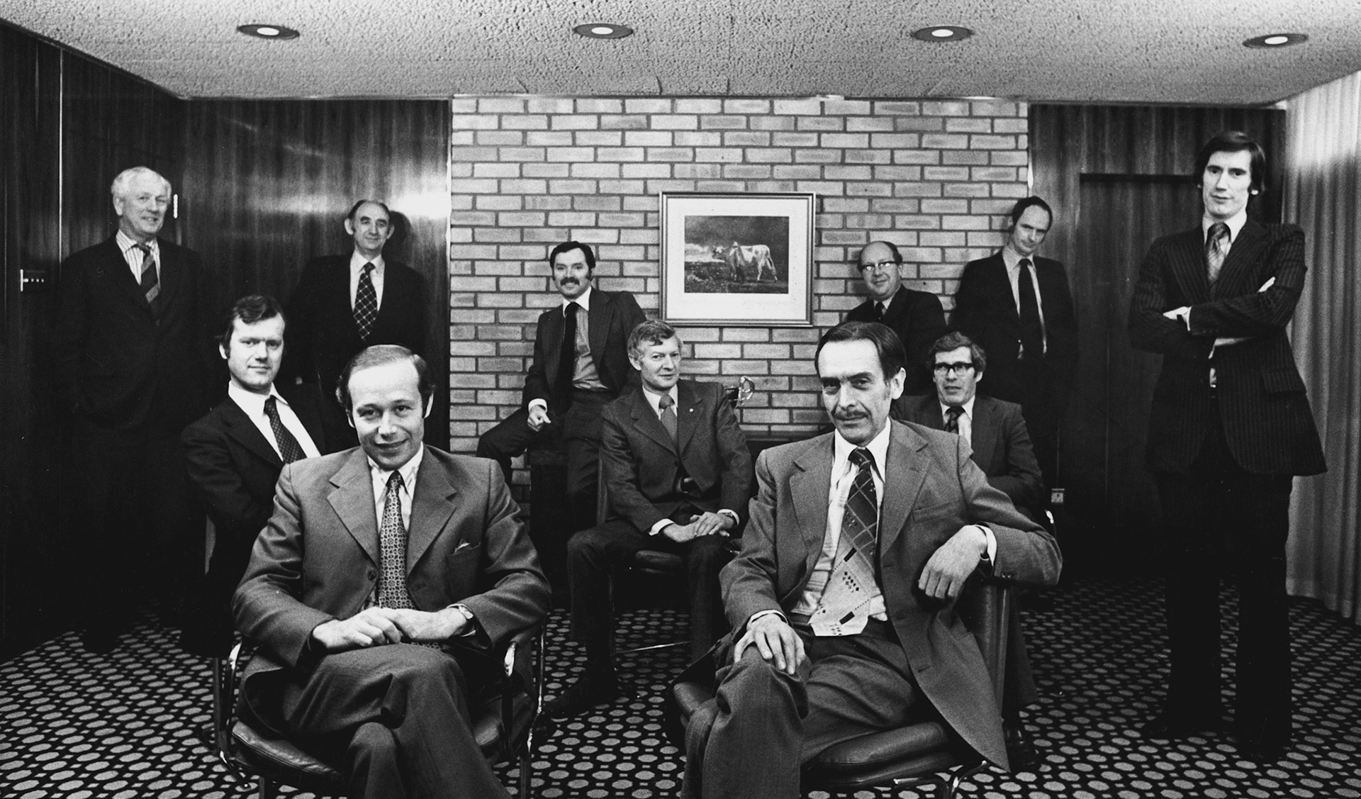 1982 Express Dairy UK Directors, Front Row: Peter Ohlson and Keith Airey, Second Row: Chris Nelson, Brian Gray, Calum Maclean, Paul Wilkinson, Back Row: Bill Grisenthwaite (?), ?, Alan Savage, ?, ? (Courtesy Tim Gray)