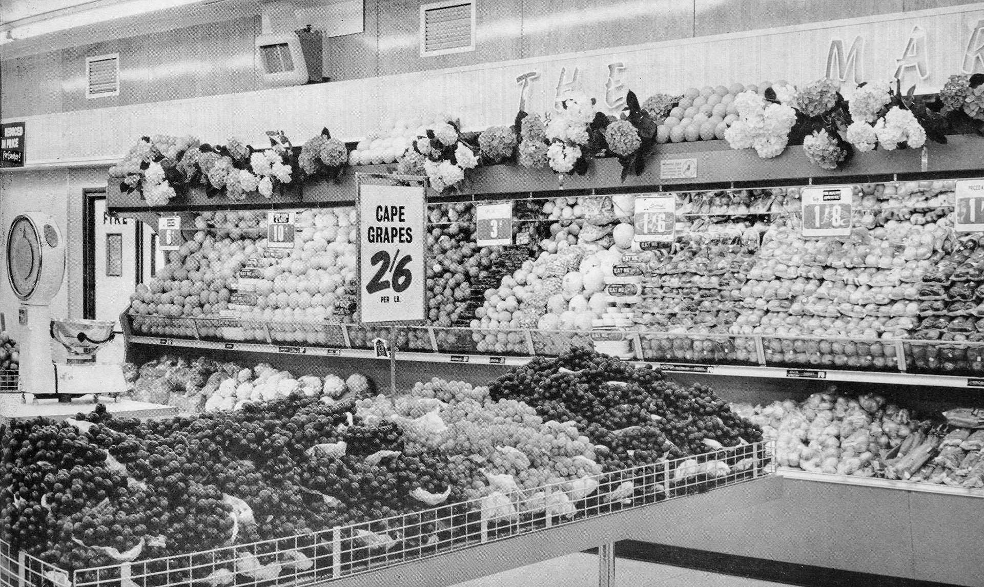 1962 Feature article about fruit and vegetable sales pictures the display at Hounslow Central supermarket. (Express News Autumn)
