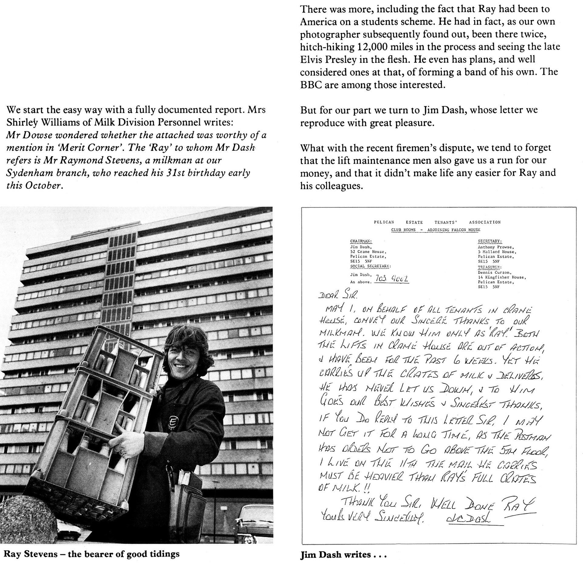 1978 Sydenham milkman Ray Stevens receives praise. (Express News Spring)