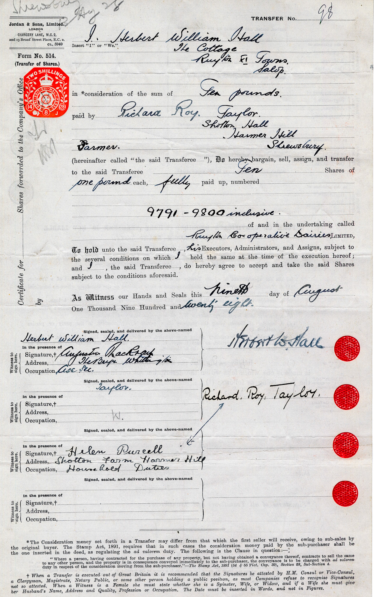 1928-Herbert William Hall-Share Transfer Form