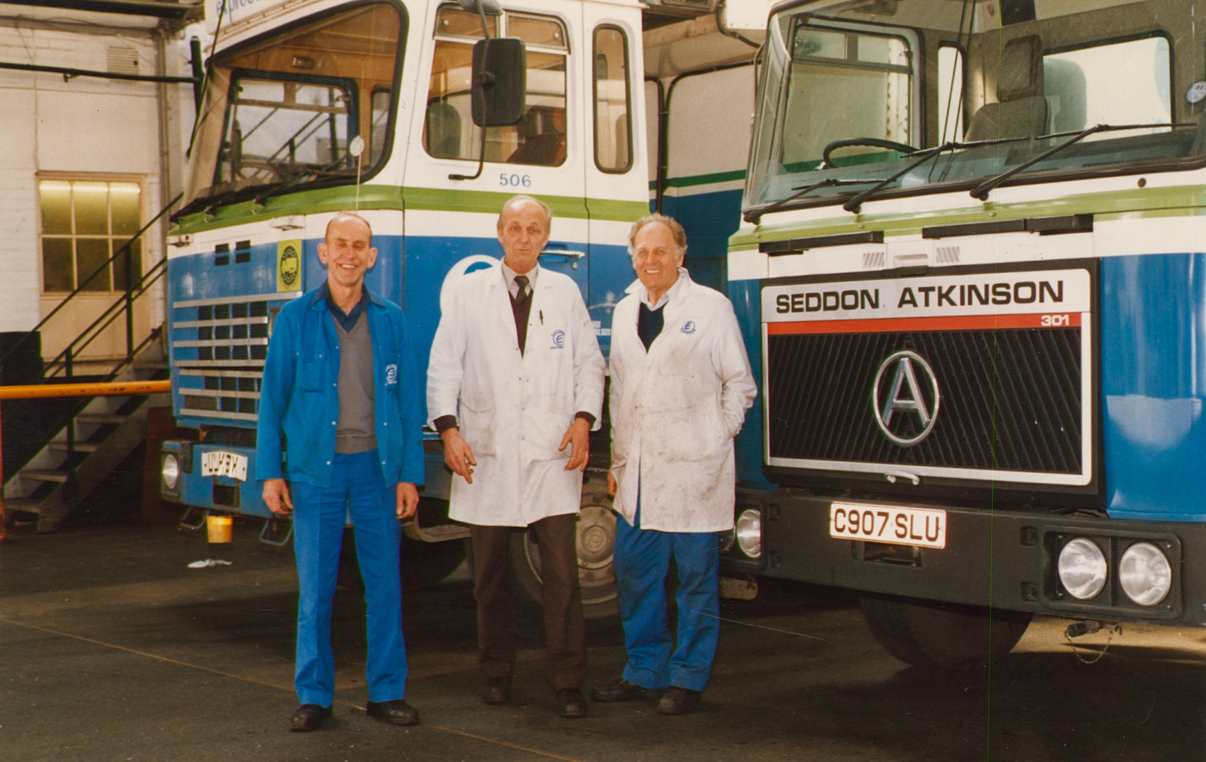 1980s Bromley Processing Transport, Yards and Forklifts.. L-R Douglas Thompson, George Cavill (Transport Manager), Dickie Colvin. (Pictures by Reg Ball, on loan from Colin Bristow)