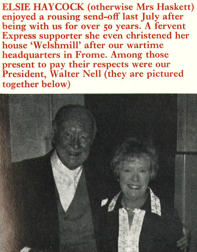 1972 retirements-Elsie Haycock  after 50 years, and was at the temporary Frome Welshmill HQ in wartime, pictured with Walter Nell. (Express News Christmas)