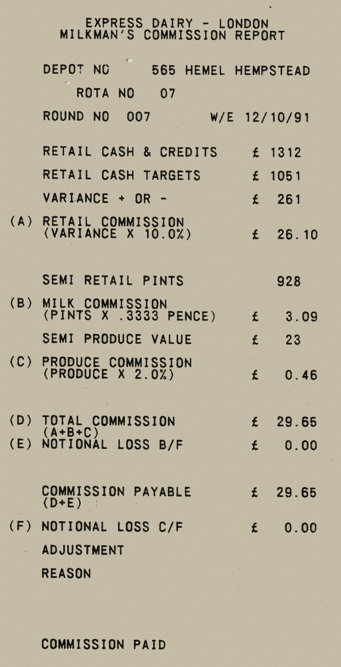 1991 Milkman's commision report, Hemel Hempstead Depot (Courtesy Michael Aldread)