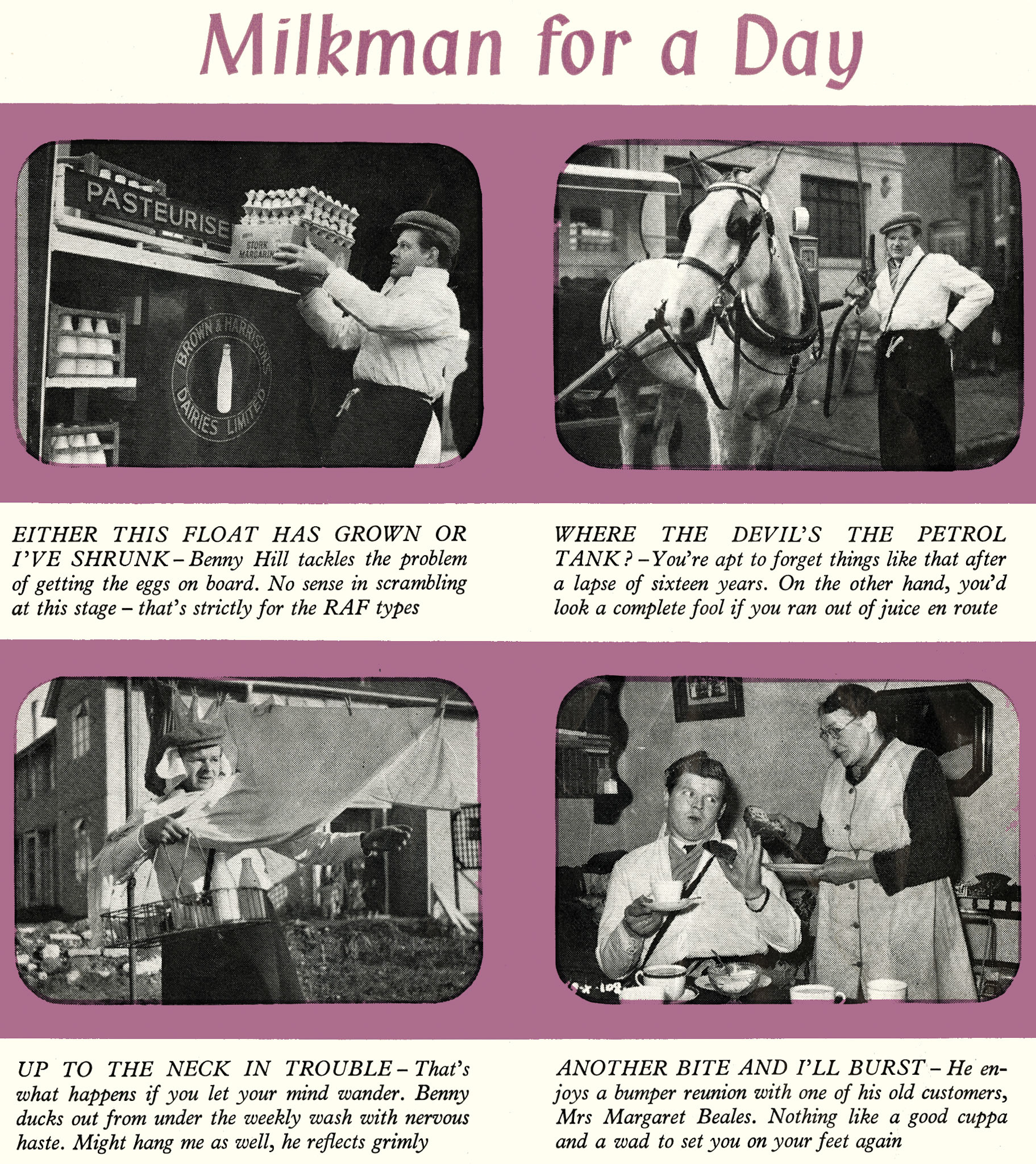 1958 Benny Hill is milkman for the day, again, at Eastleigh, Hampshire.  (Express News September)