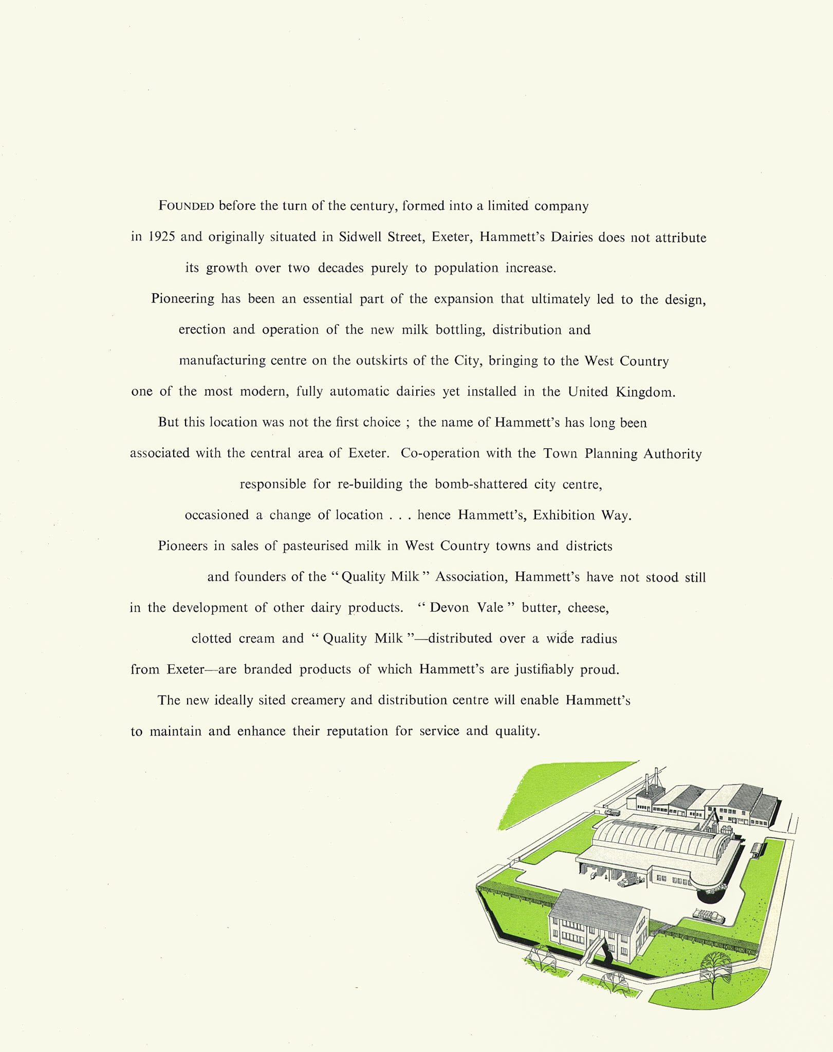 1957 Hammett's Dairies brochure. Page 1, describes how the Company was formed in 1925 in Sidwell Street, Exeter, later building a new creamery and distribution centre in Exhibition Way. (Courtesy Michael Mitchell)