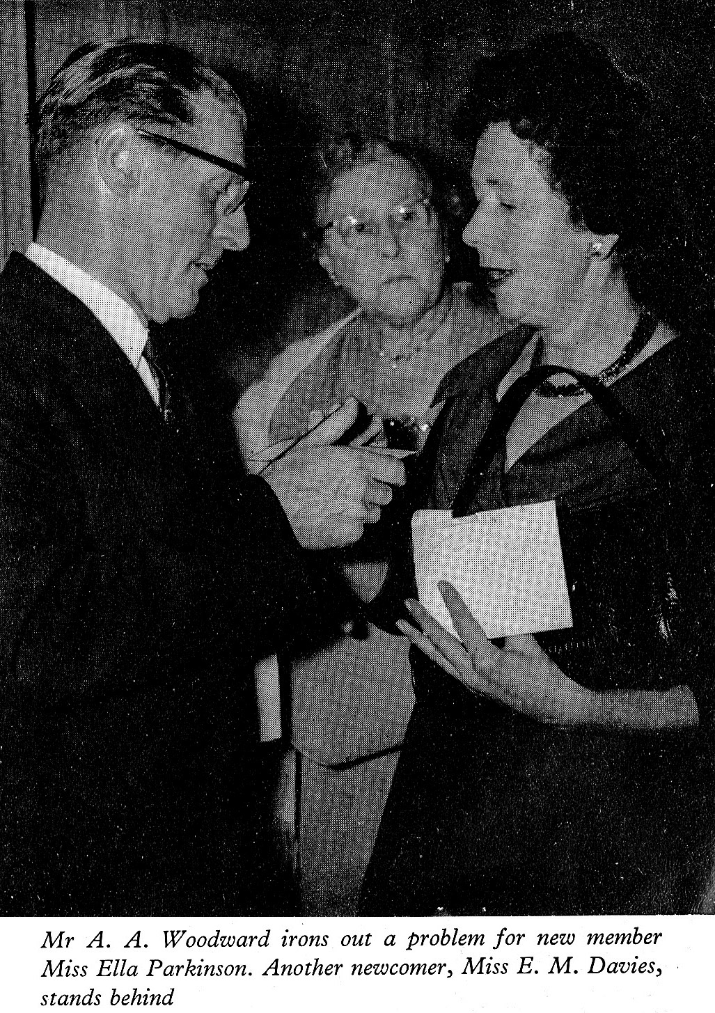 1961 Long Service Dinner at The Connaught Rooms, WC2-Mr A.A. Woodward (Cricklewood), Miss Ella Parkinson (Chief Office) and Miss E.M. Davies (Independent Wholesale Dairies). (LSA Annual Review)