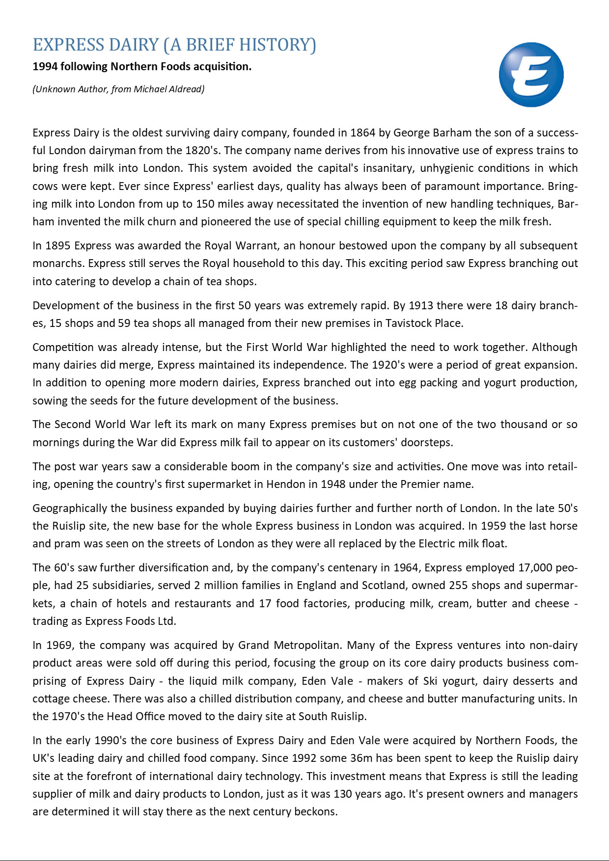 1994 History of Express Dairy following the Northern Foods acquisition (Courtesy Michael Adread, minor changes made by Peter Roper)