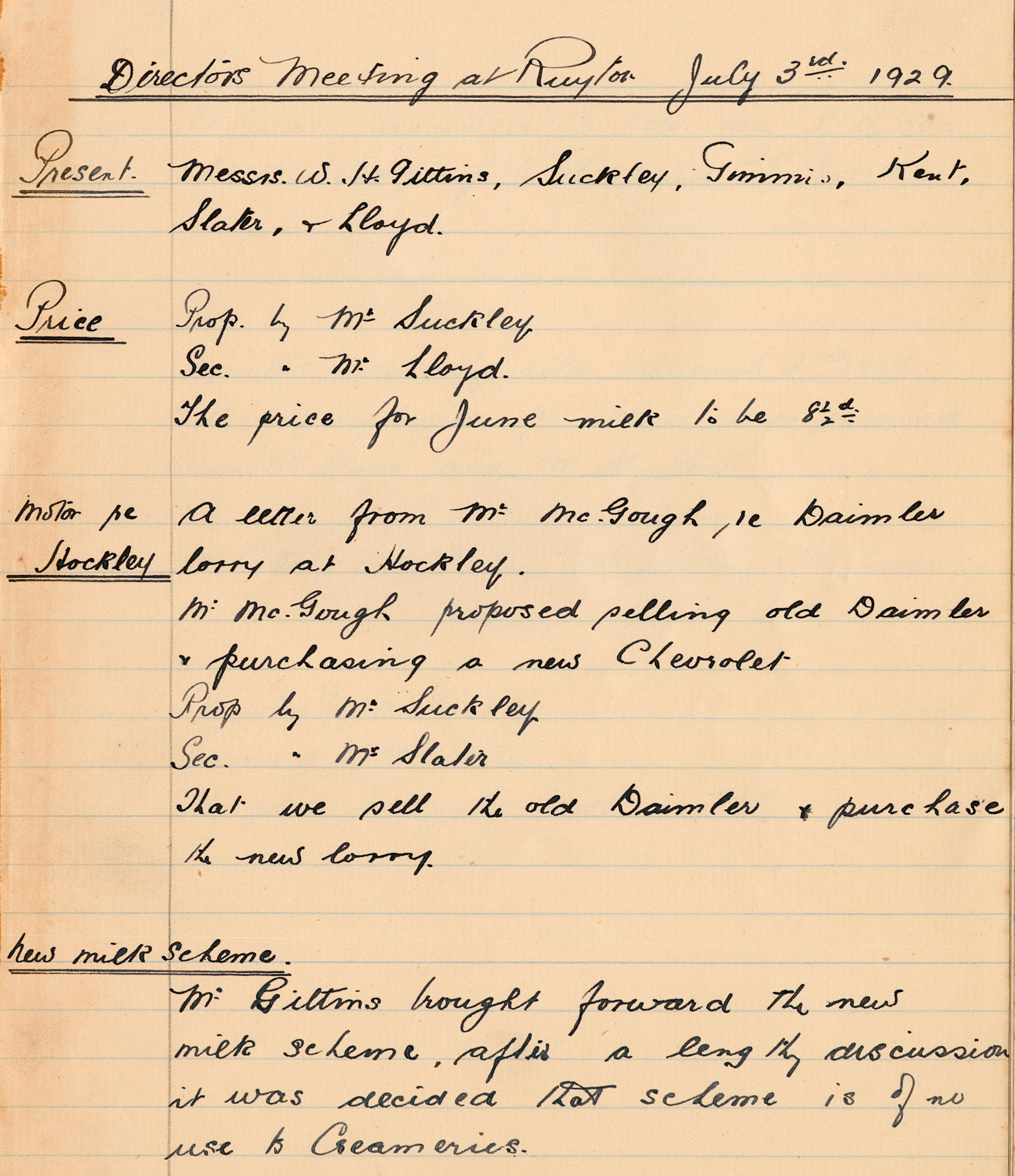 1929 Extract from Directors & Suppliers Meetings, 3rd July meeting sets the milk price for the previous month and discusses the selling of a Daimler lorry and purchase of a Chevrolet.
