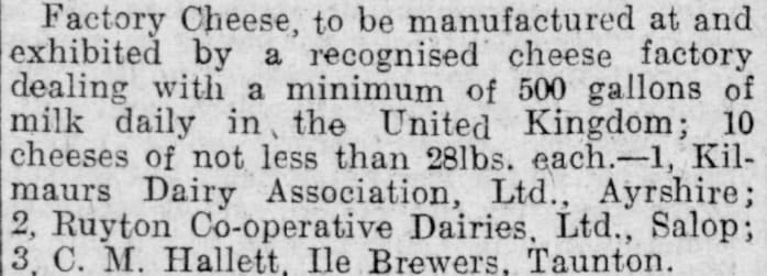 1926 Kilmaurs creamery won First Prize at London Dairy Show, Ruyton Second.  (Courtesy Alan Salt Western Daily Press)
