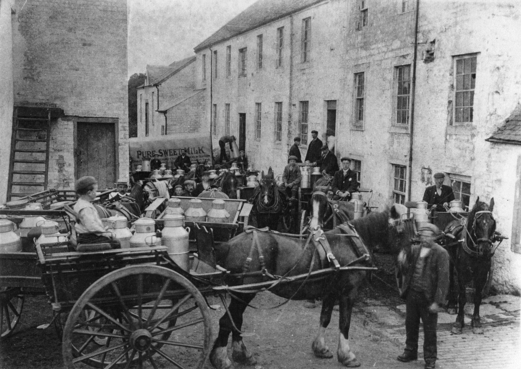 1903 Waterside Creamery, near Fenwick. Chic Mitchell comments "All gone now-Rowallan, Kilmaurs and Waterside Creameries. Kilmarnock was a busy industrial town and many villages had there work-places". Ben Boyce adds "I lived in Waterside when the creamery was in operation. The village store, run by Nellie Gibb, was in the creamery grounds. The manager of the creamery was Mr John Wilson". (Courtesy Kilmarnock Picture House FB Group)