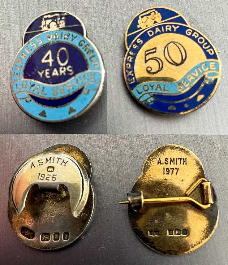 1960s and 1970s Long Service badges awarded to A. Smith who started with Express in 1926. (Courtesy Leslie Croxford)