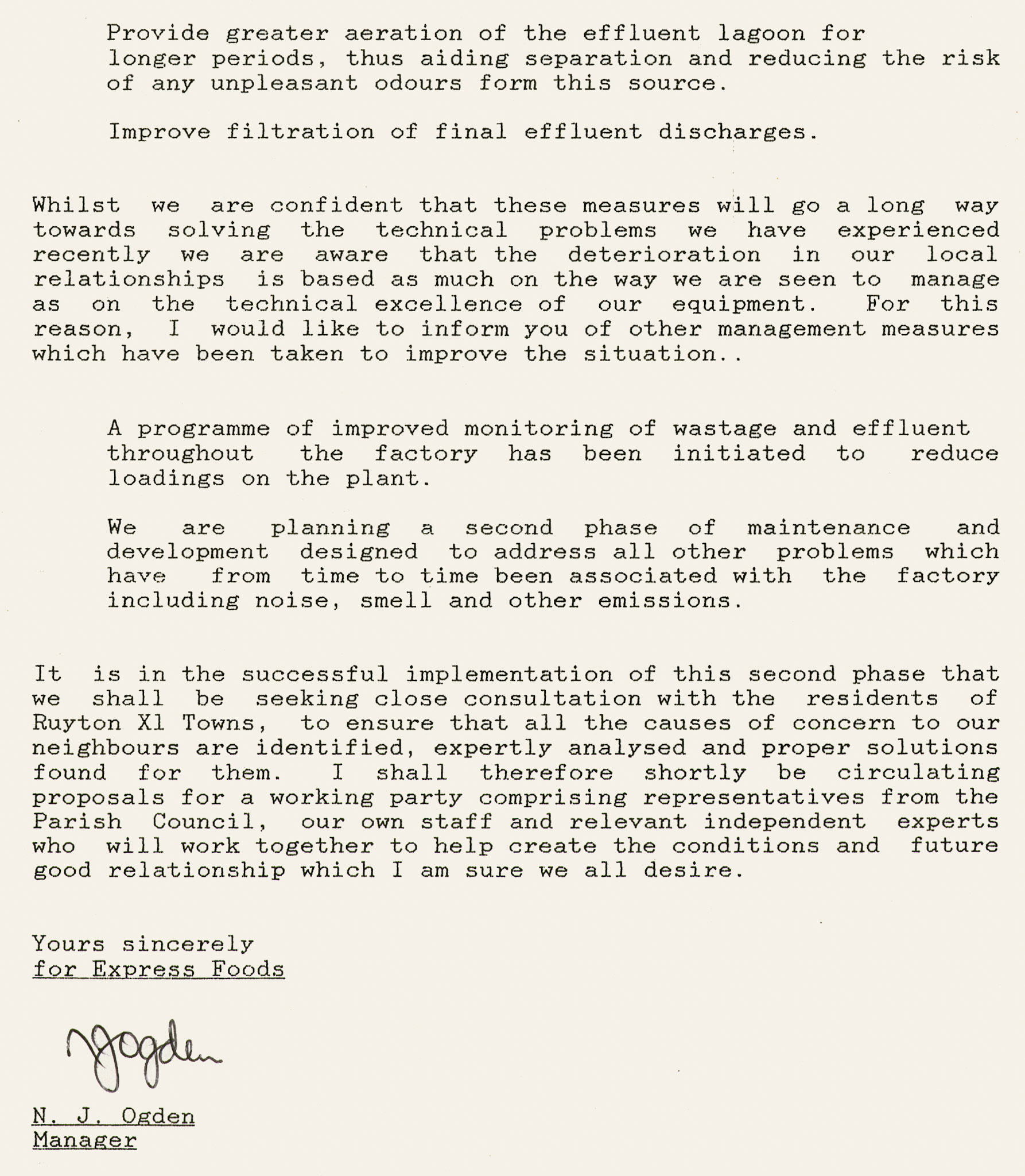 1988 letter from Express Foods to Mr J Gittings, Hall Farm, giving details of the planning application for extension of the effluent plant and suggesting a working party to include Parish Councillors.  Ruyton Co-operative Dairies Archive)