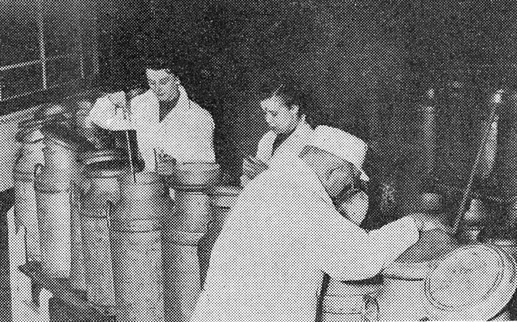 1956 Rowsley Creamery. Milk Checker George Stewardson inspects a churn of incoming milk, with Miss Beryl Fairey and Miss Doreen Harrison obtaining samples for the lab.  (Express News April)