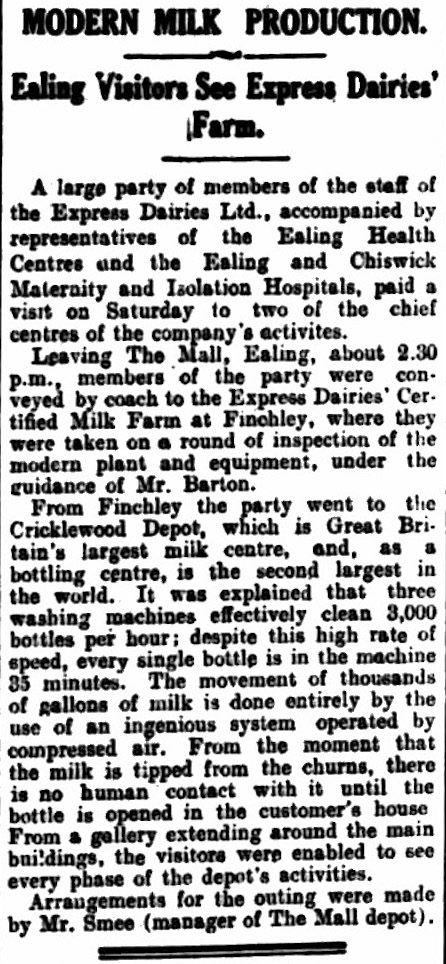 1931 VIP visitors from Ealing Health Centres visited Cricklewood &amp; College Farm, reported in the Middlesex County Times, 05 September. (Courtesy of THE BRITISH LIBRARY BOARD)