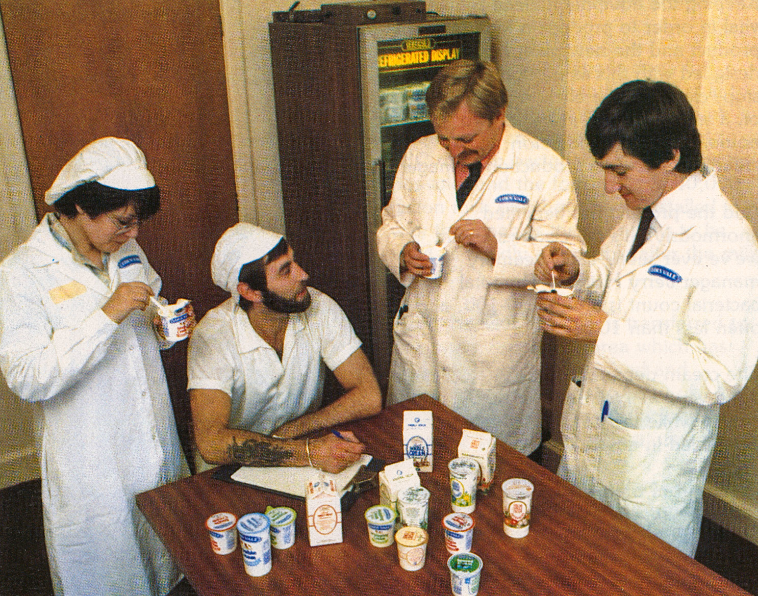 1983 Taste Panel, left to right: Lorraine O'Connor (laboratory assistant), Roy Freeman (cream process operator), Ron Middleton (Production Manager), Tony Evans (Cream Production Manager)