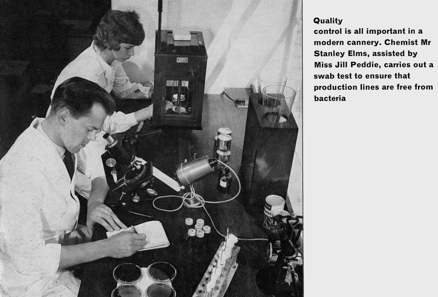 1963 Goldhanger Fruit Farm, Essex. Chemist Stanley Elms with Jill Peddie performing swab tests. (Express News Autumn)