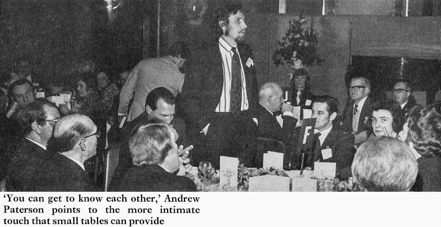 1973 Andrew Paterson standing, with Keith Read sitting by the 'F' table sign. (Express News Spring)
