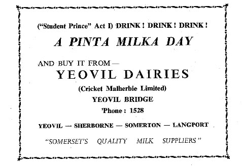 1962 Cricket Malherbie Dairies Ad Yeovil and District Amateur Operatic Society