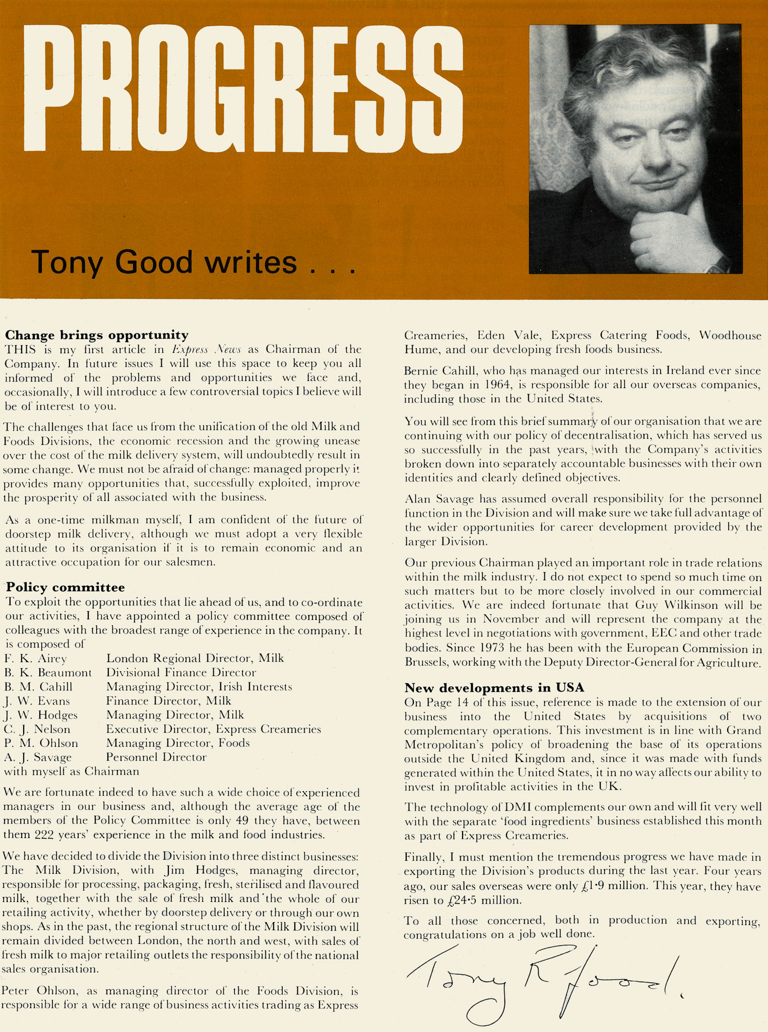 1980 Tony Good's first article as Chairman of Express. (Express News October)