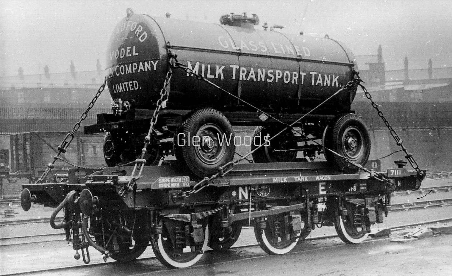 1934c Bradford Model Dairy 2000 gallon demountable tank and flat-wagon. LNER Wagon1734, in chocolate brown livery. Phil Baxter "Can anyone remember the milk train that ran along and above Bowling Back Lane to the Model Milk dairy-it became a scrap yard in the 70s?" (Courtesy Matthew Pinto, Milk on the Rails)