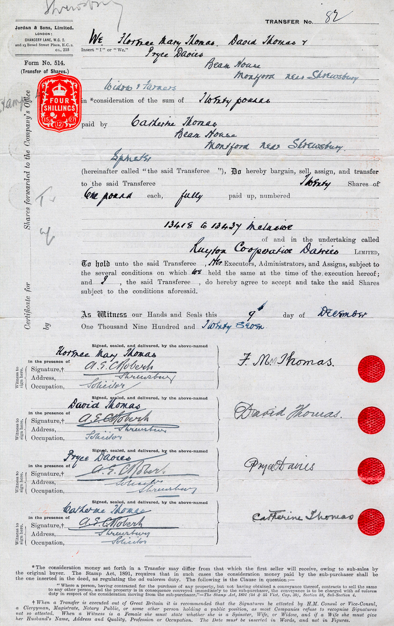 1927-F. Mary Thomas, David Thomas. Pryce Davies-Share Transfer Form