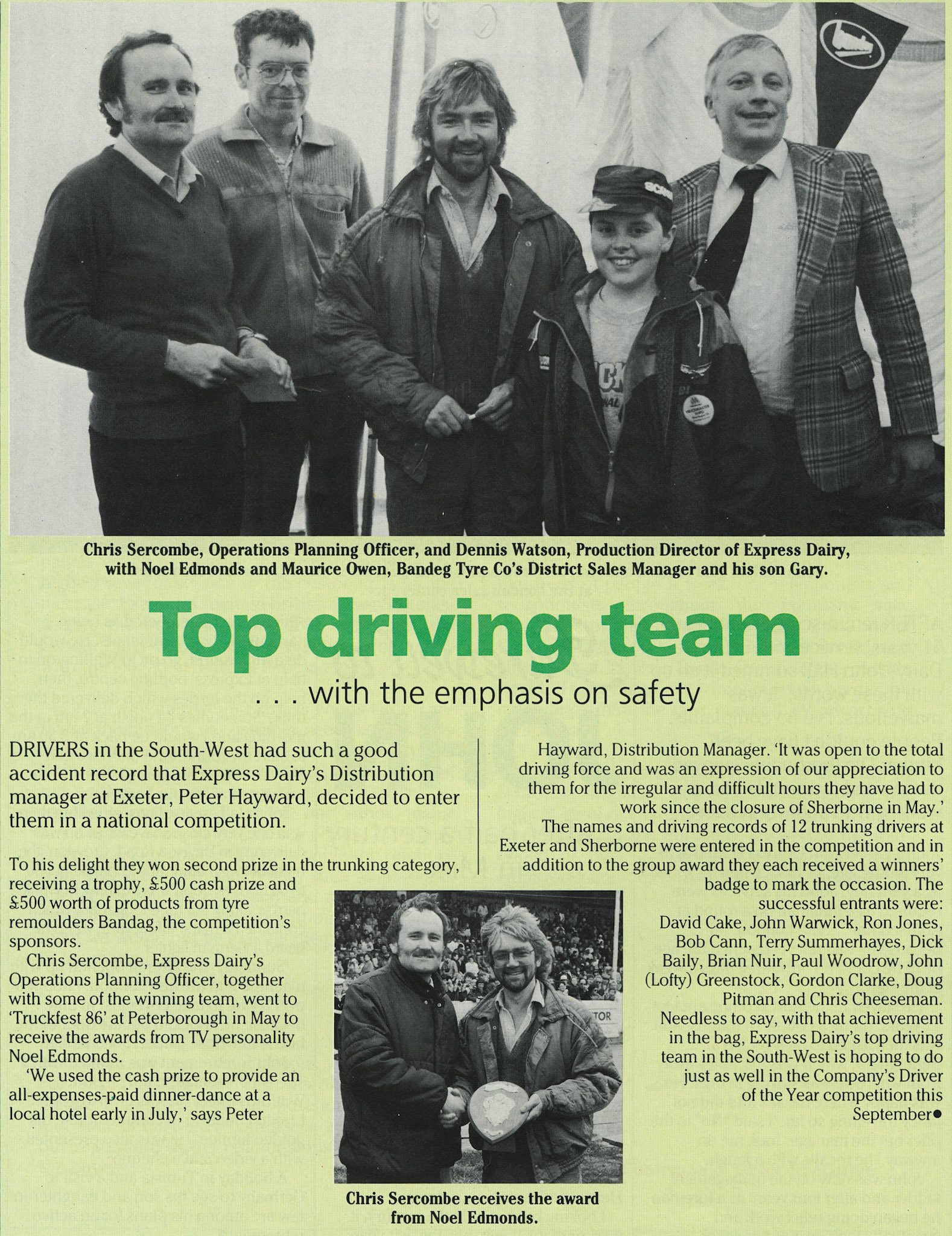 1986 Drivers award for Exeter including Chris Sercombe, Dennis Watson with Noel Edmunds