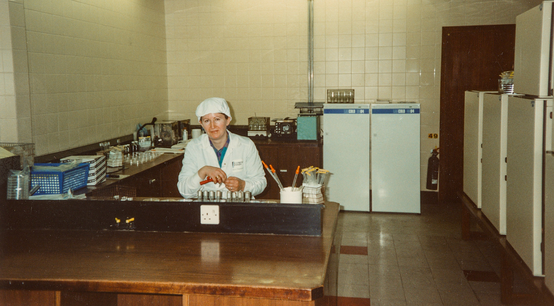 1991 Honiton, December: Hazel Stapleforth in the Bacti Lab. (Courtesy Wendy Hawker)
