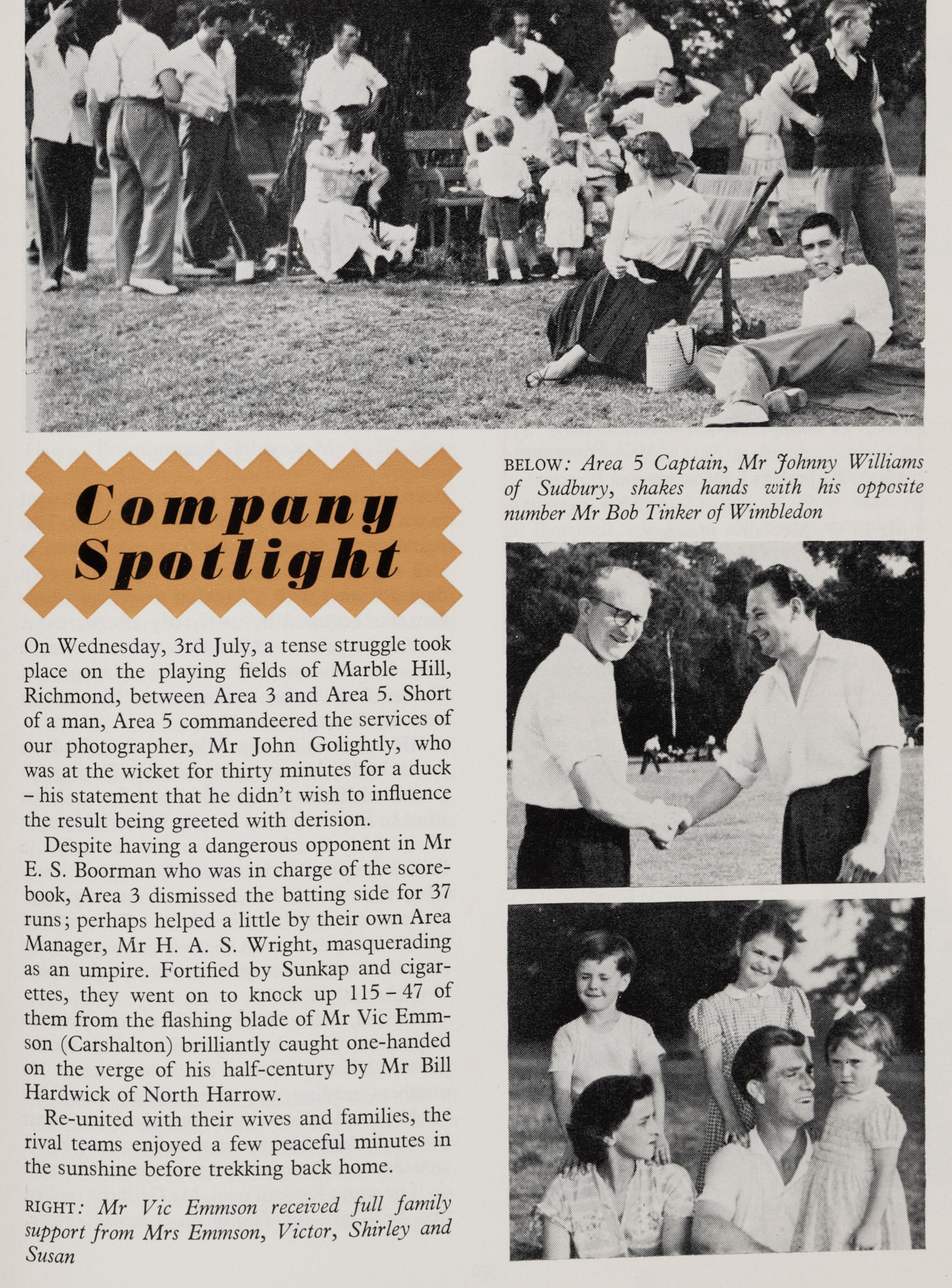 1957 Cricket match at Marble Hill, Twickenham between London Areas 3 and 5, with players from Sudbury, Wimbledon, Carshalton and North Harrow. (Express News Autumn)