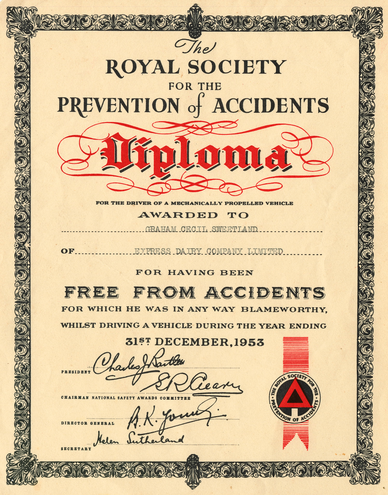 1952 to 1961 Royal Society for the Prevention of Accidents certificates from 1952 to 1961 for members of the Sweetland family at Seaton Junction. (Courtesy Keith Sweetland)