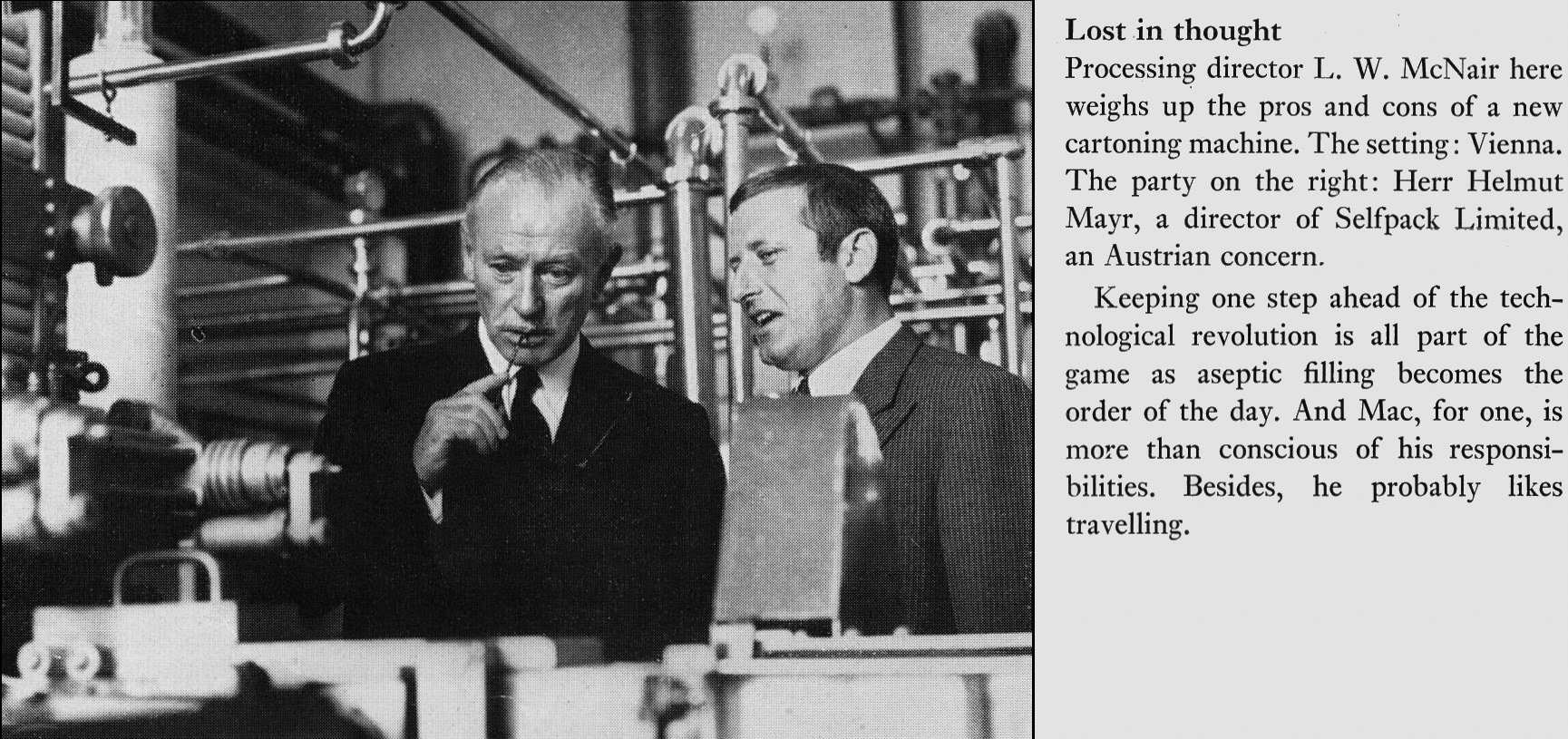 1968 L.W. McNair discusses a Selfpack cartoning machine in Vienna. (Express News Christmas)