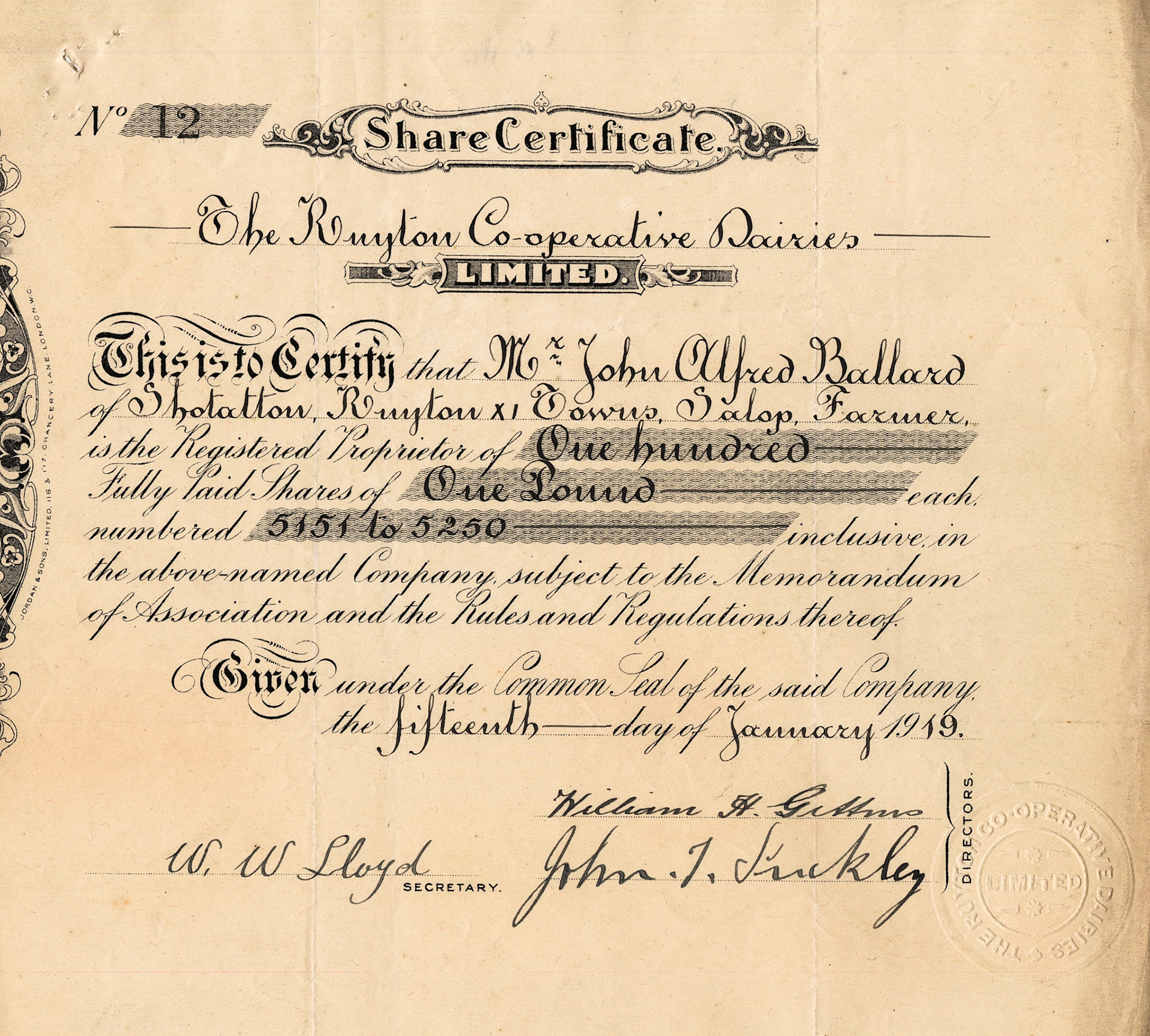 1919 Share Certificate-Mr John Alfred Ballard