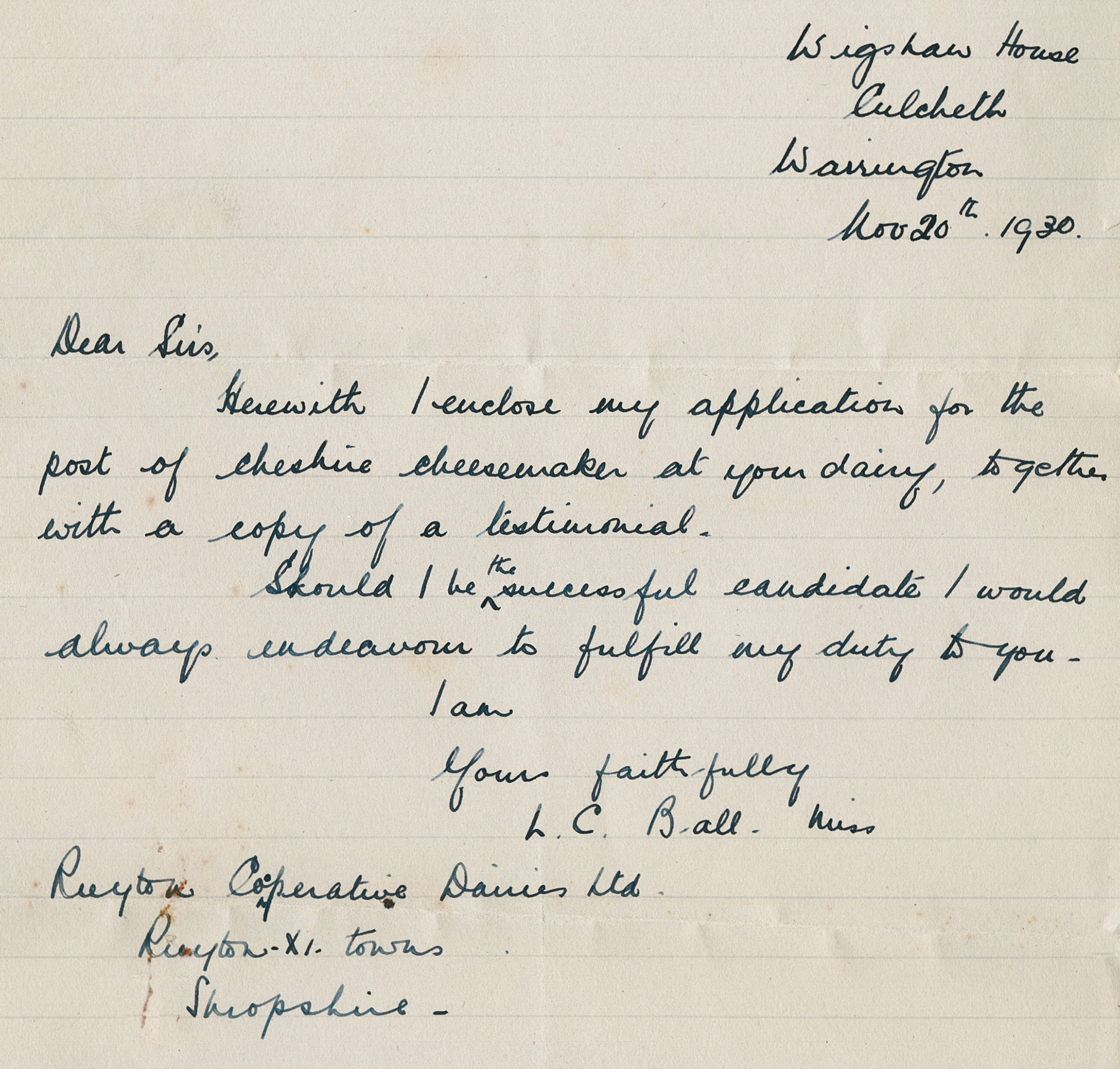 1930 Ruyton Co-operative Dairies-Cheesemaker Job Applications-Miss Lily Cecilia Ball