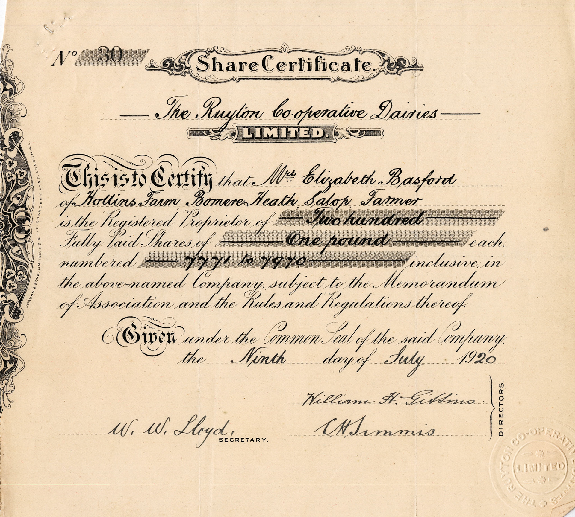 1920 Share Certificate-Mrs Elizabeth Basford