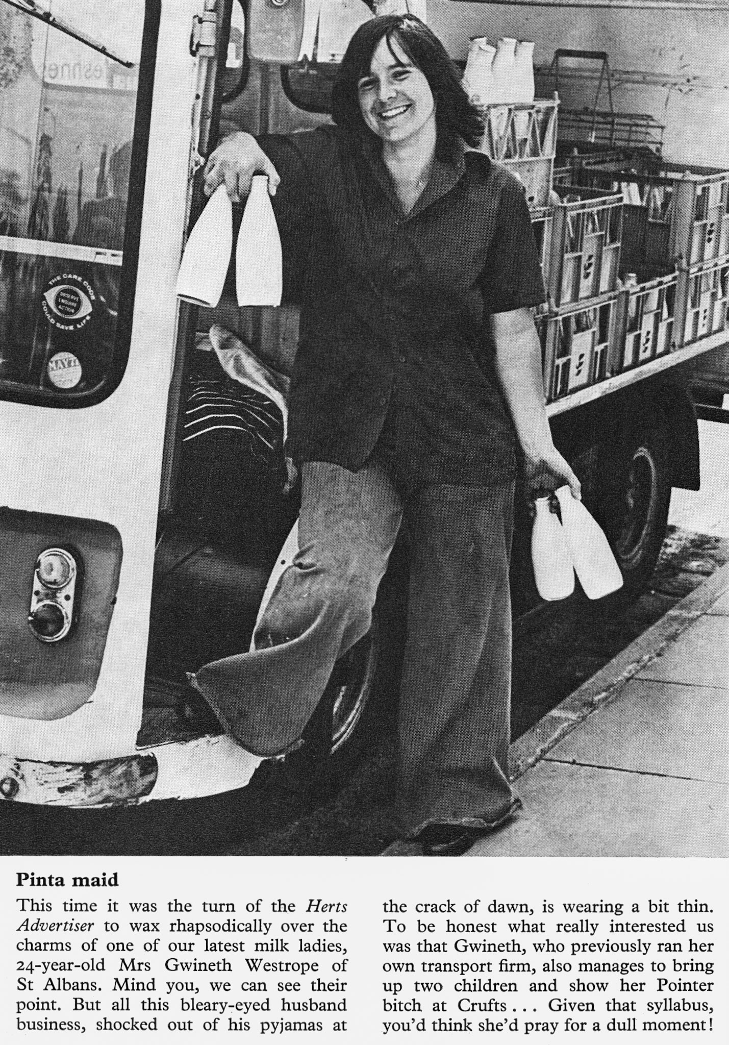 1976 St Alban's milk lady Gwineth Westrope hits the news in the Herts Advertiser. Terry Coleman comments "Lovely to see this picture, I remember Gwin from my days at St Albans." Lindsay Weller adds "Love the bell bottoms!". (Express News Christmas)
