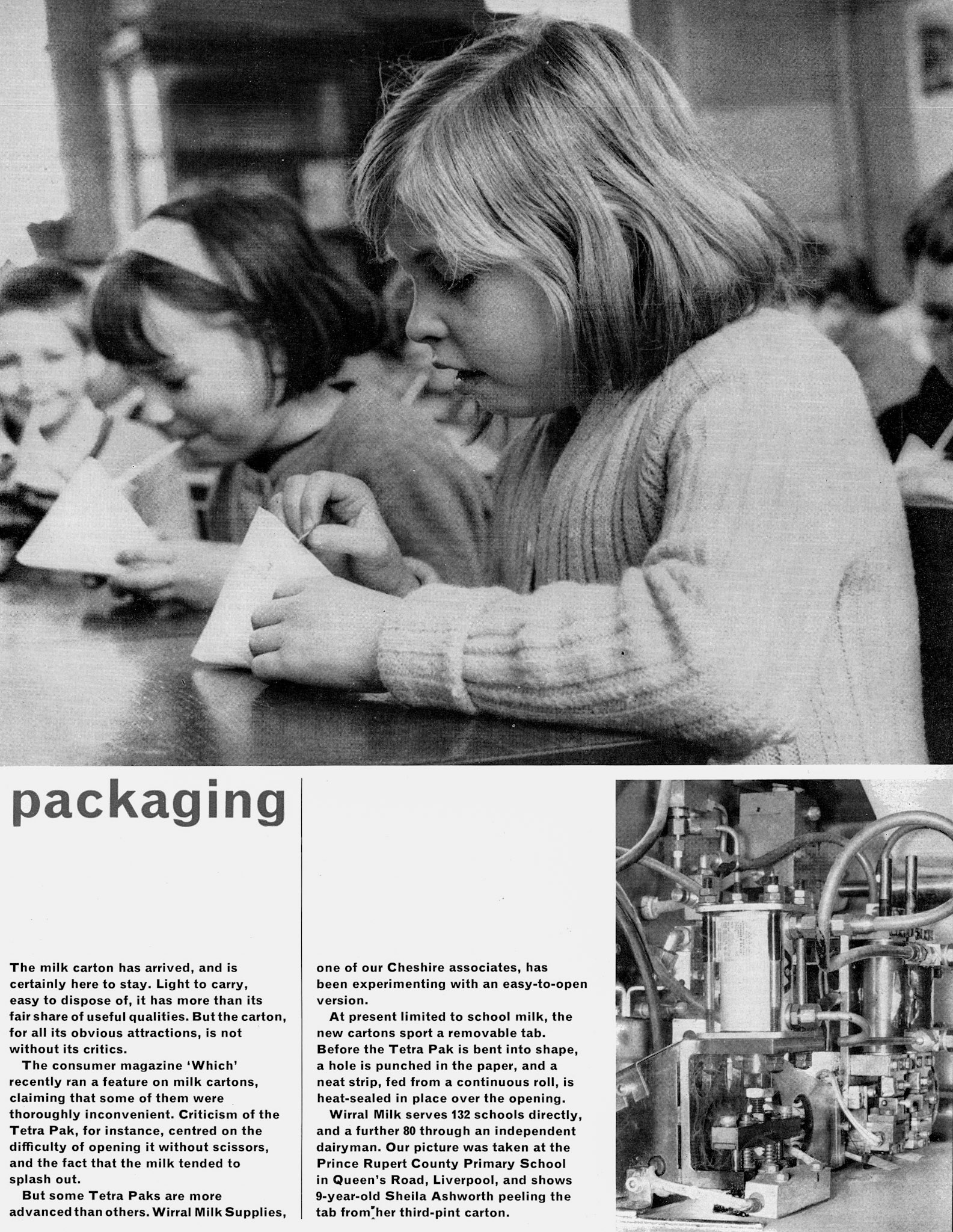1965 Sheila Ashworth, aged 9, peeling the tab off a third-pint TetraPak carton, supplied by Wirral Milk. (Express News Christmas)