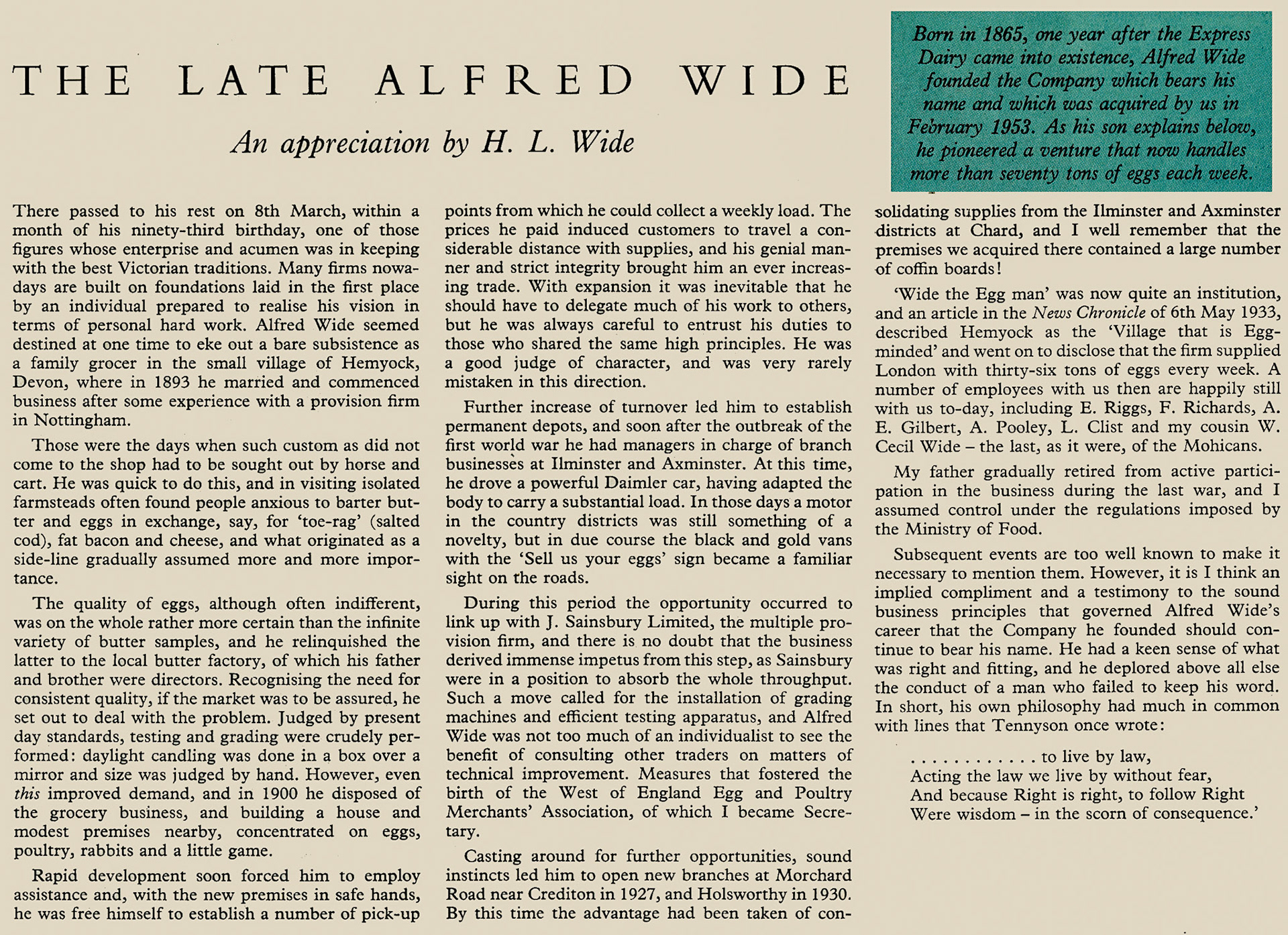 1958 Review of the life of Alfred Wide, Hemyock Egg founder and expert. (Express News July)
