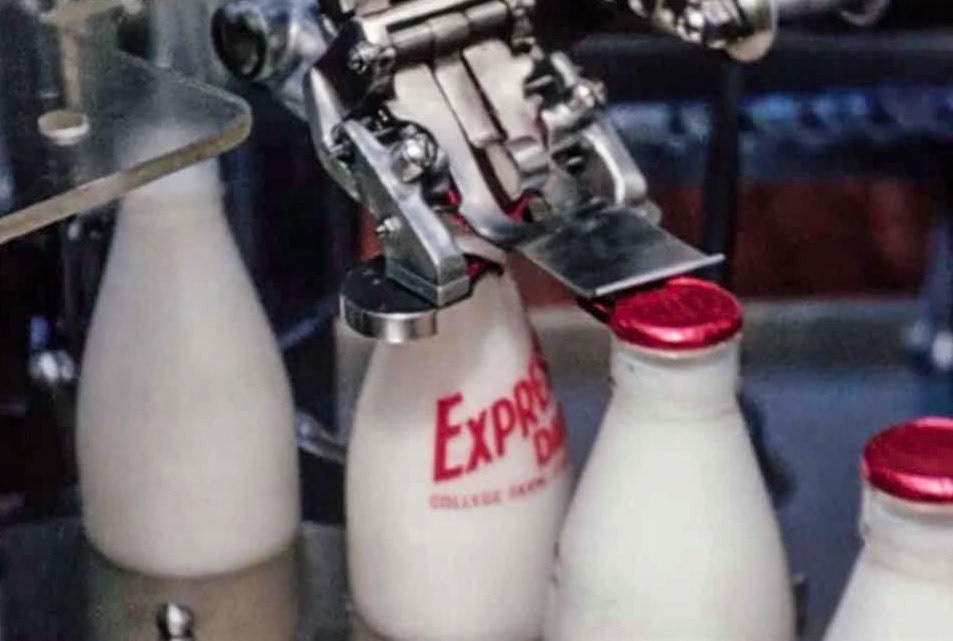 1950's? Capping homogenised milk at South Morden. Jimmy Reid comments "Homogenised milk was very popular in the London area up until skimmed and semi skimmed milk became available. (1980ish) I was a pasteuriser in Exeter at that time and the only outlet for homogenised milk was the 3 &amp; 5 gallon pergal bags for cafes/caterers to use.😀. Peter Roper adds "It was popular for caterers because it has a greater whitening effect, so you used less!" (Courtesy Paul Smith)