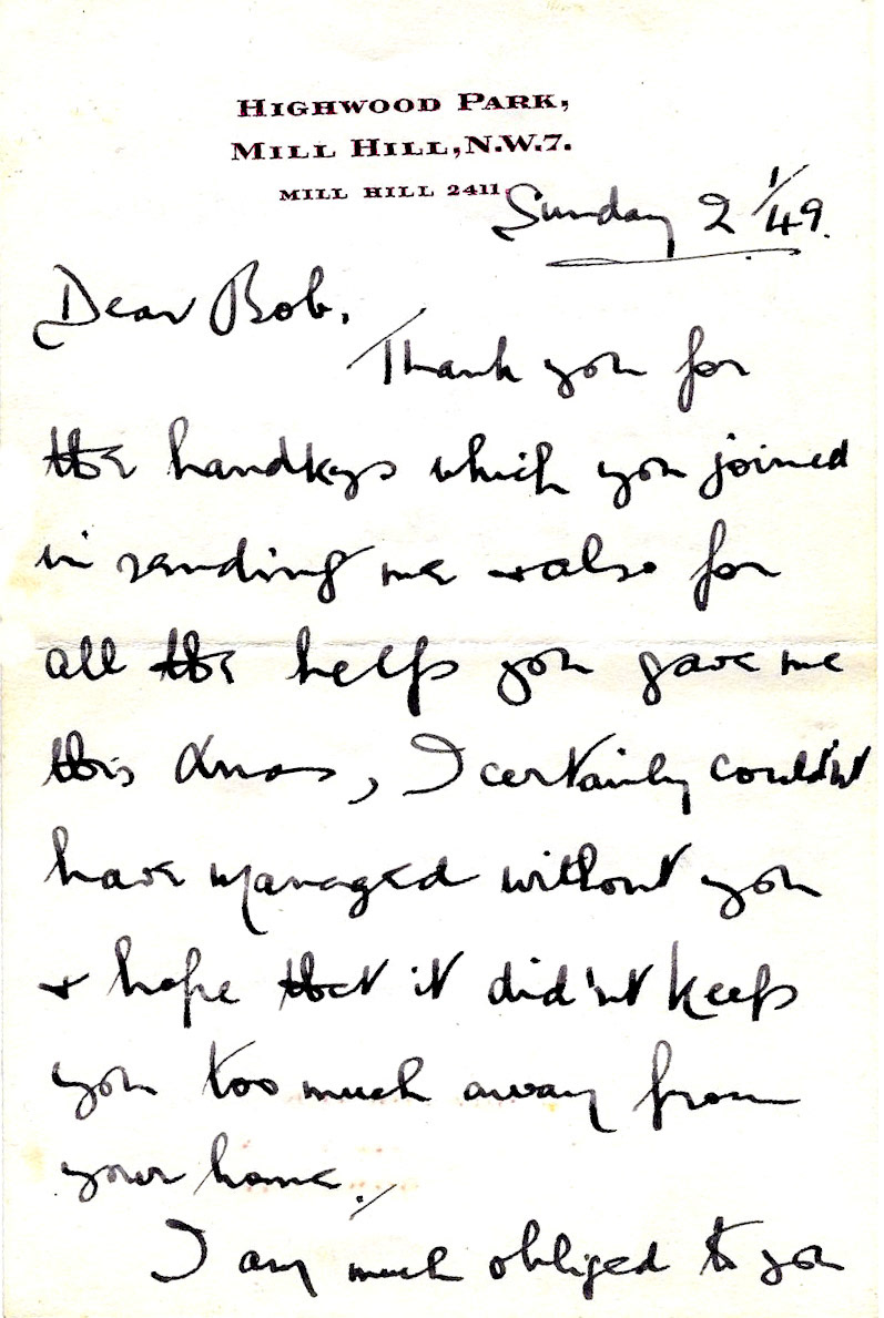 1949, 2nd January. Letter from Walter Nell to Bob Wastell, from Mr Nell's home at Highwood Park, Mill Hill. (Courtesy Brian Wastell)