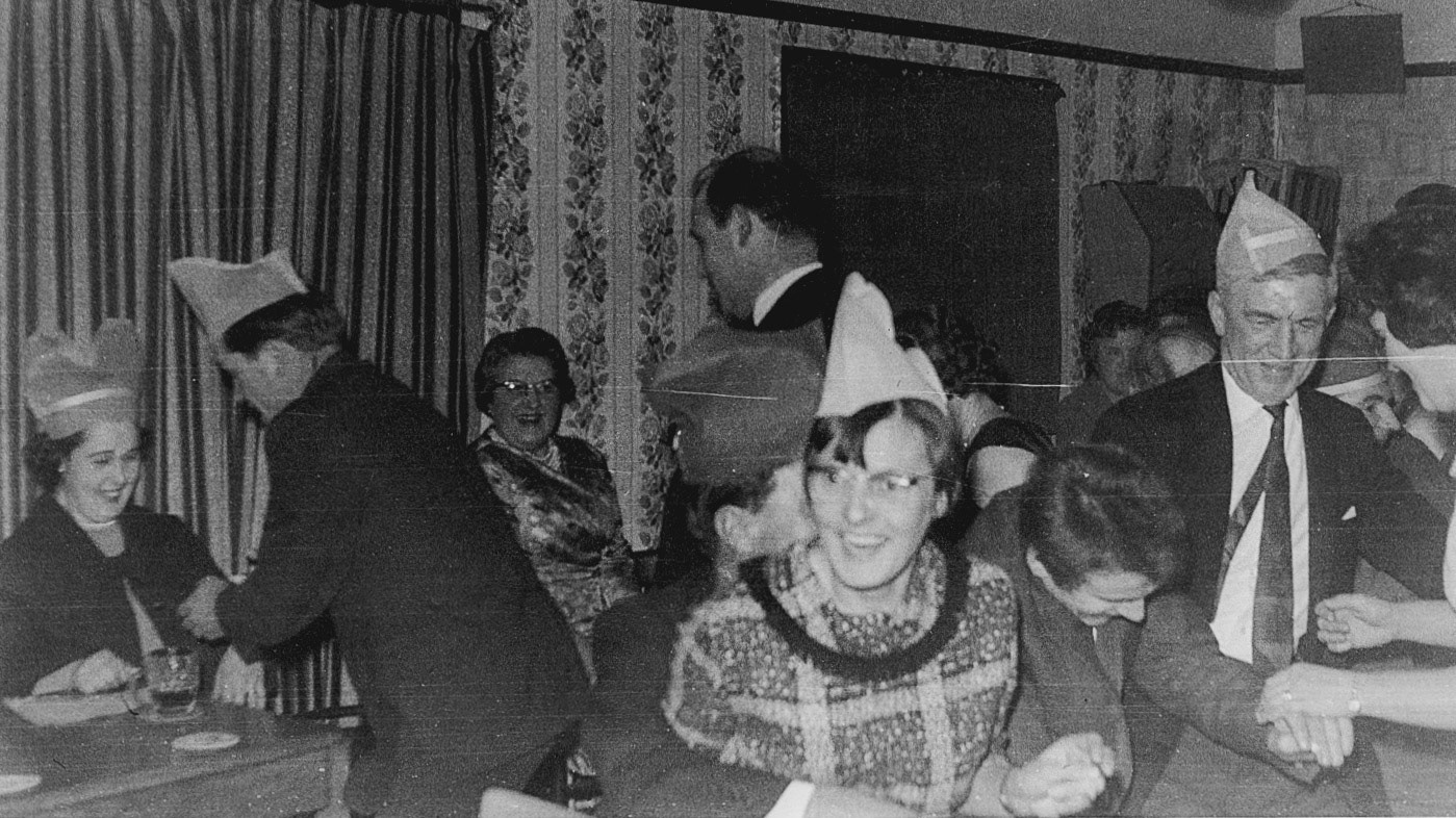 1953 "Chinbury Fitters Christmas Party, Ted Grey, Mrs Gerda Lyons". Lesley Betton adds "Edmond and Ivy Betton sitting down" (Joe Lyons Collection)