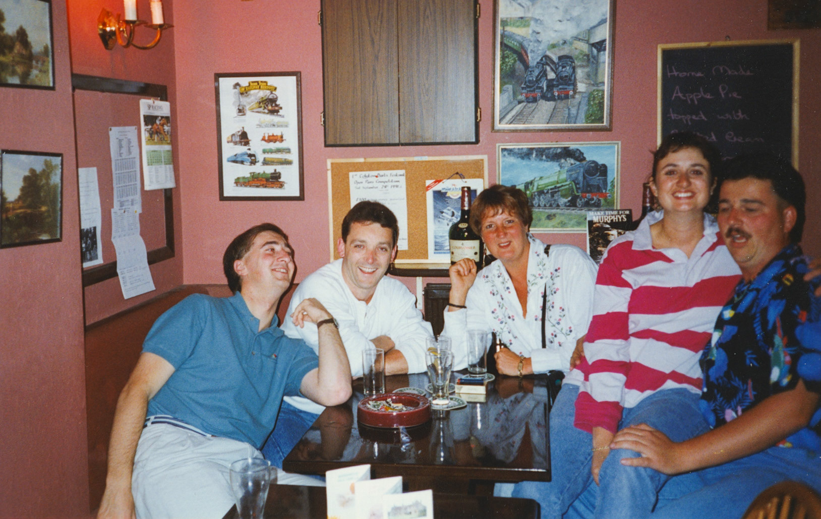 1991 Honiton- Soo comments "Railway Inn in September, my last day at Honiton, with Donal Cronin (Butter Production Manager), Andrew Meecham 'Wish/Fish' (Lab), Sue Pavey (Lab), Soo, Paul Dimond 'Neb' (Production Supervisor)." (Courtesy Soo Rose-Cook)