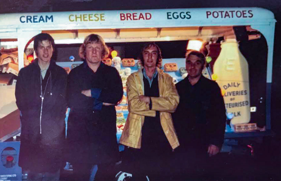 1980's Frome depot getting ready for Frome carnival. Elaine identifies L-R: Jeff Wilkins, Jerry Pike, Derek Highfield and Bob Watts. (Courtesy Elaine Moyes)