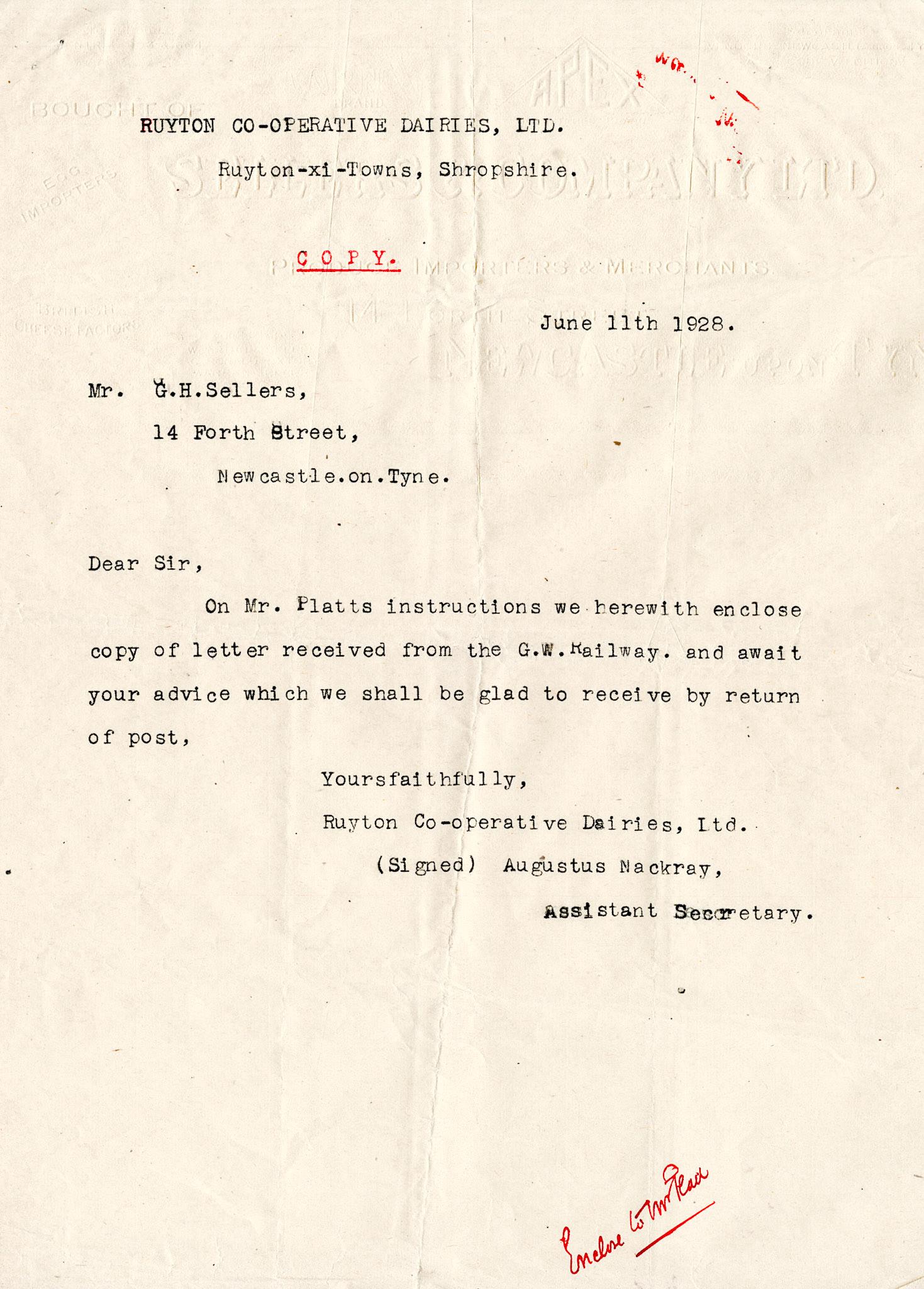 1928 Correspondence regarding a dispute between Ruyton Co-operative Dairies, the Great Western Railway, and Mr G.H. Sellers of Newcastle on Tyne about a cheese delivery that was refused.