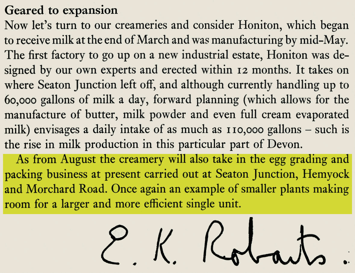 1969 From August, Honiton took over egg packing from Seaton Junction, Hemyock and Morchard Road.  (Express News Summer)