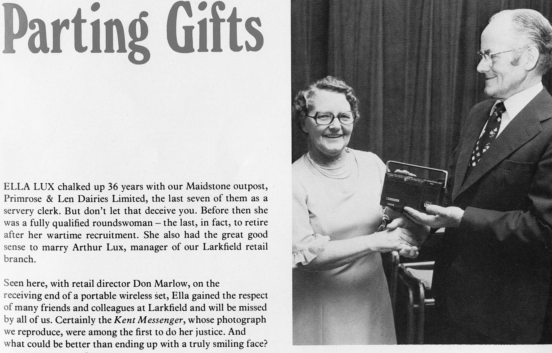 1977 Ella Lux retiring from Maidstone after 36 years, with retail director Don Marlow.