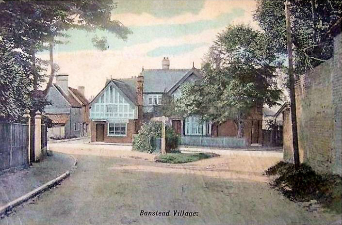 1905 Hodges Dairy at the junction of Banstead High Street and a very narrow Sutton Lane (ahead) The lane on the left of the dairy was Salisbury Court, better known today as Salisbury Road, though the entrance was blocked off and rerouted around the 1960s when much of this area was demolished. Hodges dairy's horse drawn milk floats were stabled near the Woolpack pub. The War Memorial was originally erected on the triangular area where the signpost is shown on this card and unveiled on the 5th June 1921. It was moved in September 1996. (Courtesy David Isted, bansteadvillage.com)