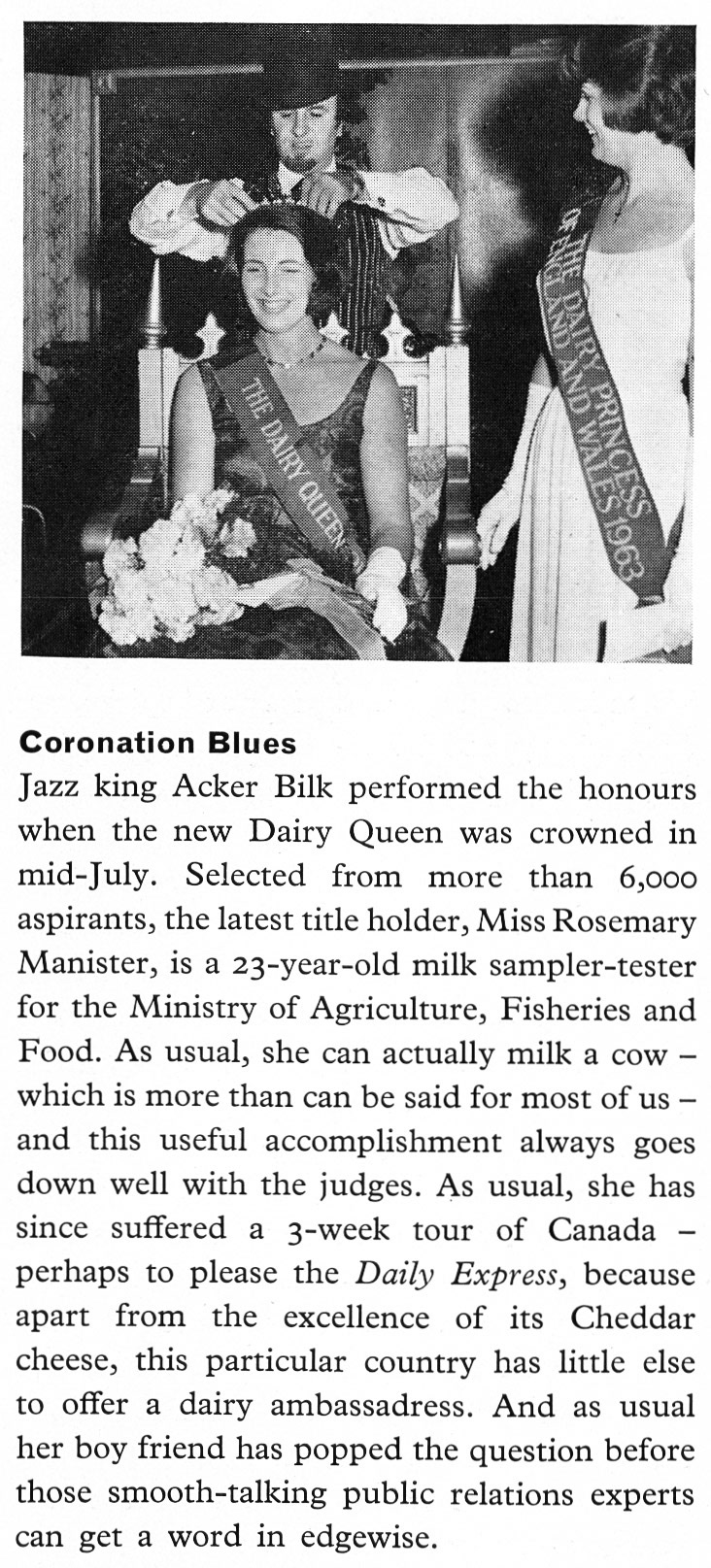 1963 Dairy Queen Rosemary Manister crowned by Acker Bilk. (Express News Autumn)