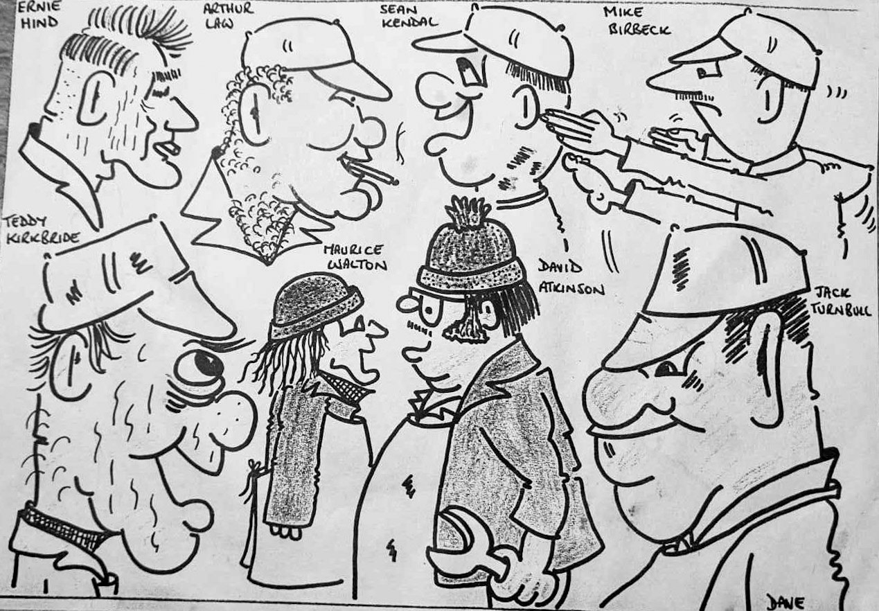 1980's? "Caricature of 'Dairy Floor People' drawn by Appleby's resident cartoonist Dave Davies." (Courtesy David Atkinson)