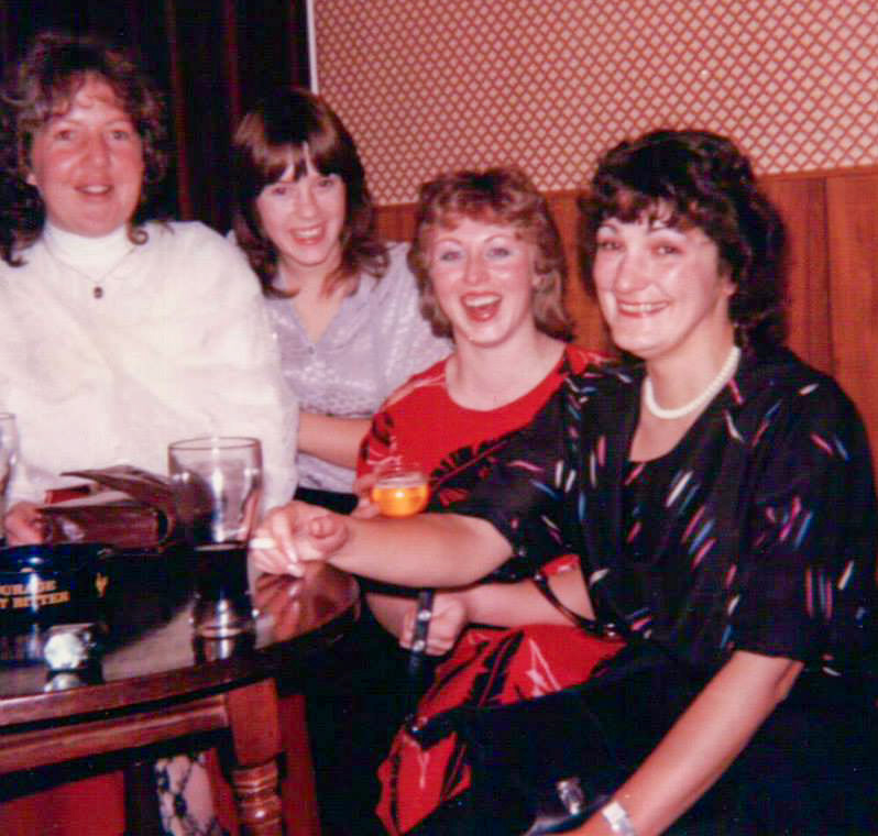 1980's Exeter Lab staff night out. Wendy Hawker identifies Pat ?, Me, Tracey Hill and Christine Boarde. (Courtesy Phillip Budd)