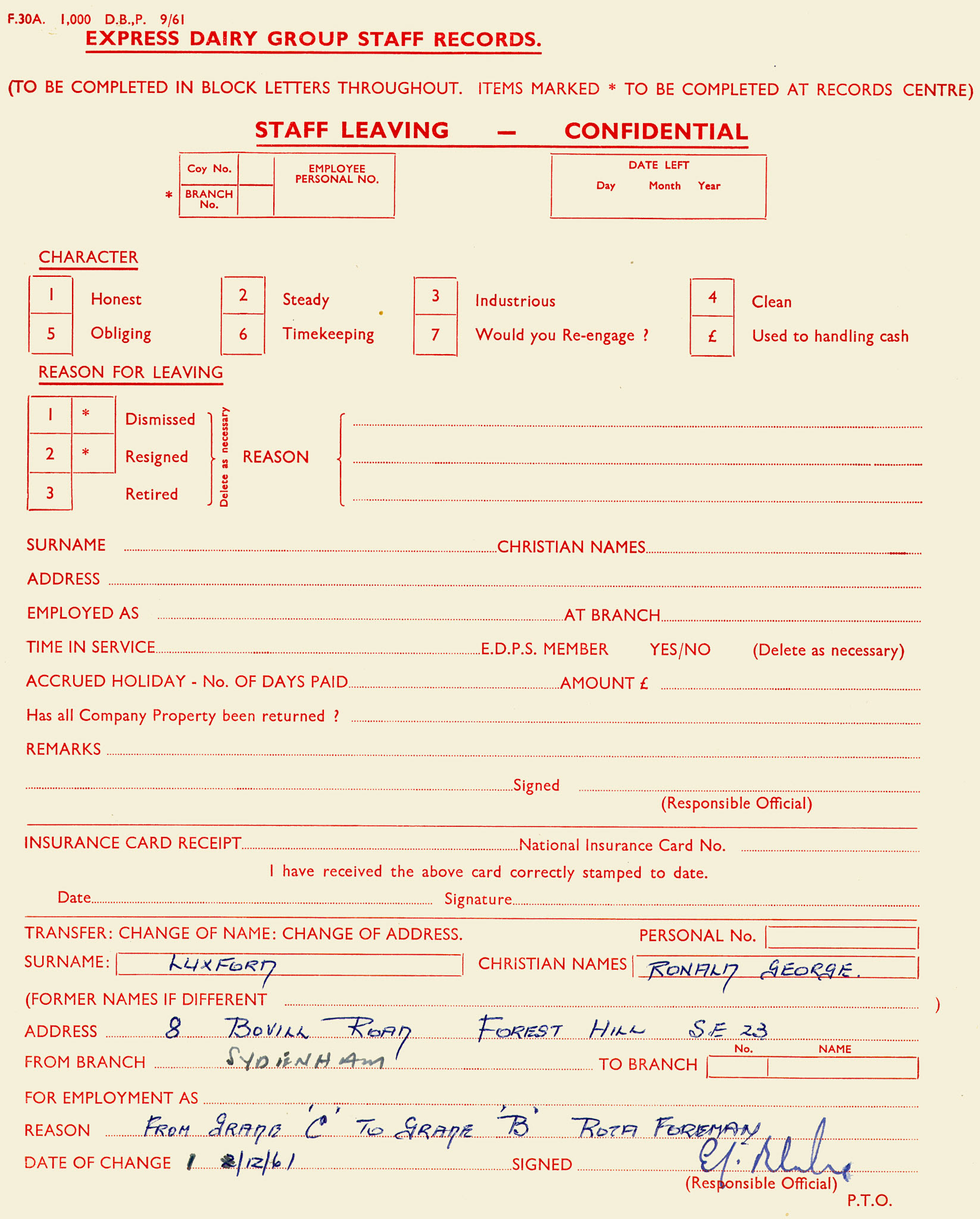 1961 Sydenham Depot staff transfer form for Ronald Luxford, moving from Grade C to Grade B Rota Foreman. (Courtesy Mark Hudson)